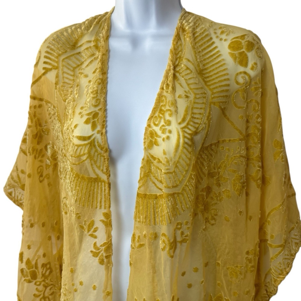Francesca's Floral Kimono Cover Up Velour Detail Boho Ethereal Whimsy Fairy OS - Picture 3 of 9